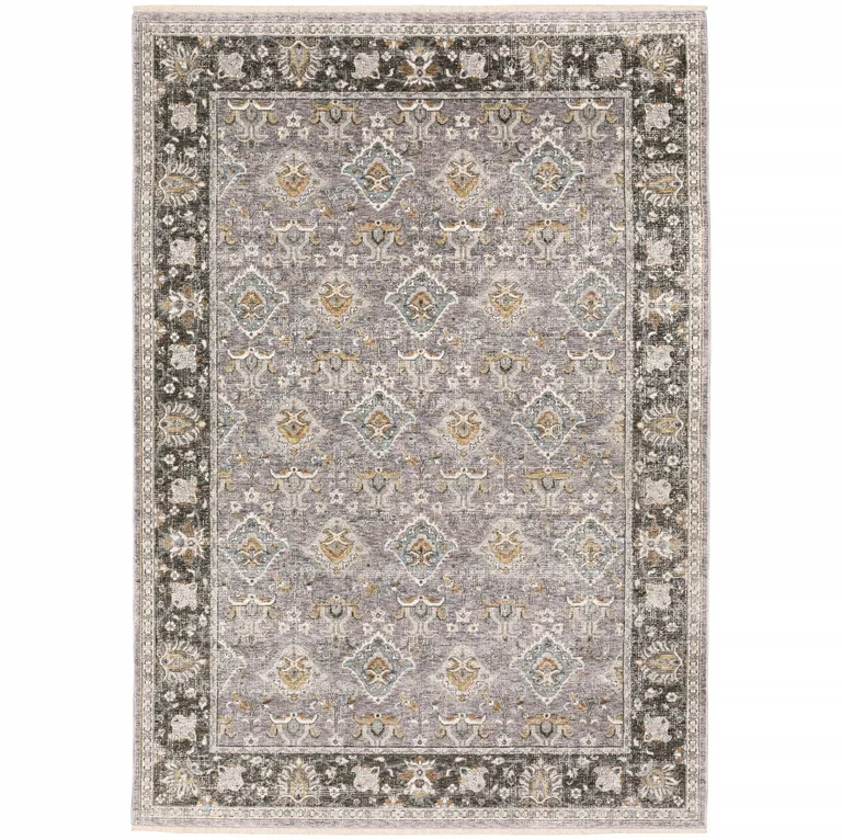 Grey And Blue Oriental Power Loom Stain Resistant Area Rug With Fringe Photo 2