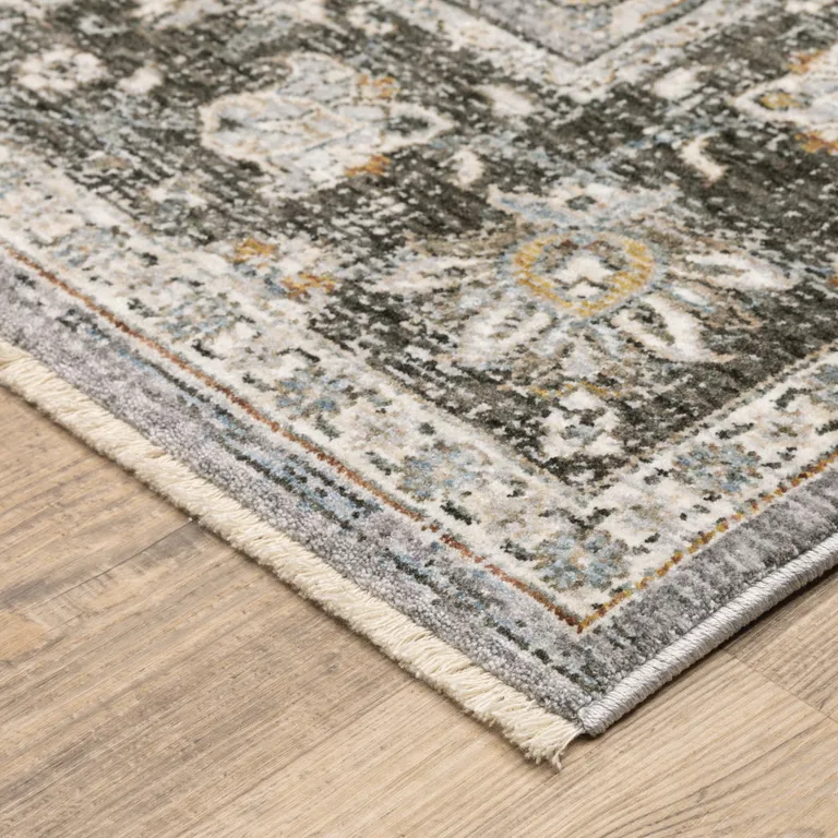 Grey And Blue Oriental Power Loom Stain Resistant Area Rug With Fringe Photo 5