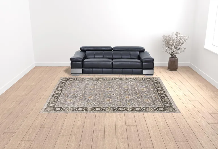 Grey And Blue Oriental Power Loom Stain Resistant Area Rug With Fringe Photo 3