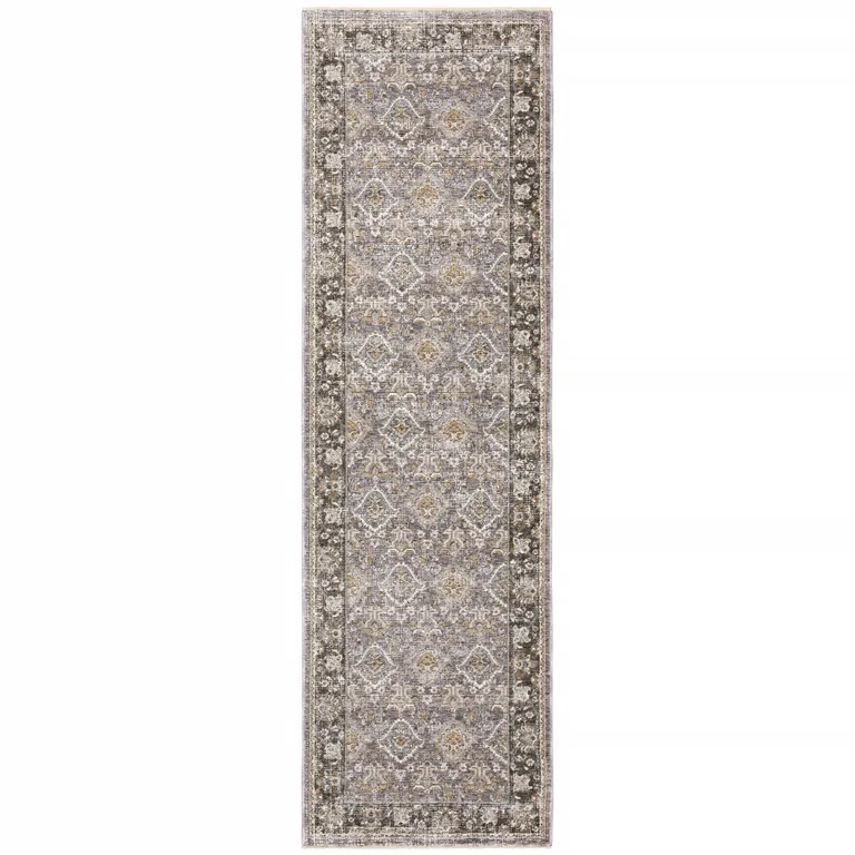 Grey And Blue Oriental Power Loom Stain Resistant Runner Rug With Fringe Photo 1