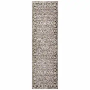 Photo of Grey And Blue Oriental Power Loom Stain Resistant Runner Rug With Fringe