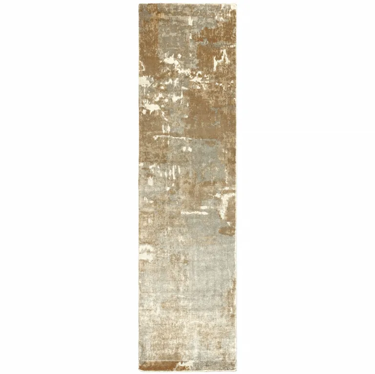 Grey And Brown Abstract Hand Loomed Stain Resistant Runner Rug Photo 1