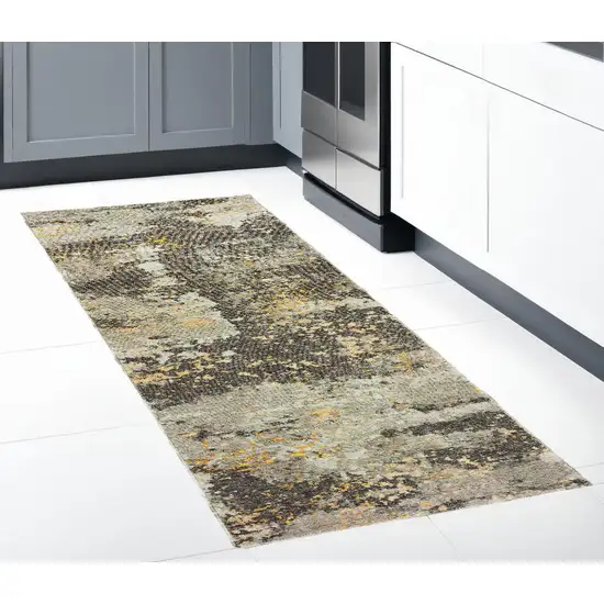 8' Runner Gray and Ivory Abstract Power Loom Runner Rug Photo 1