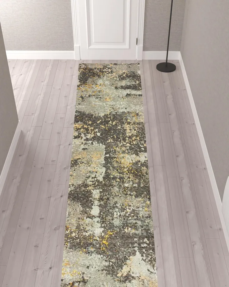 Grey And Gold Abstract Power Loom Stain Resistant Runner Rug Photo 2