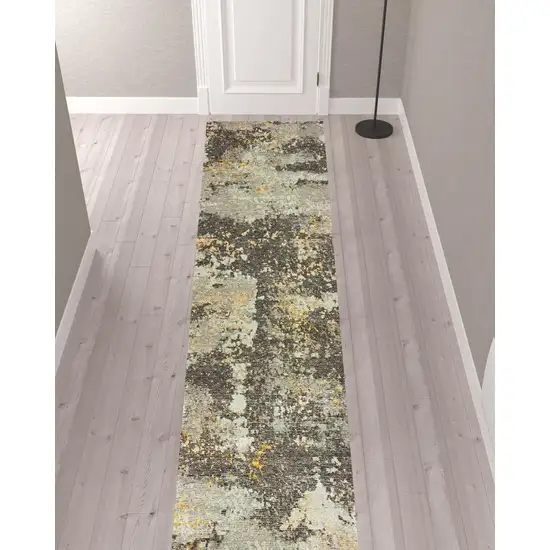 Grey And Gold Abstract Power Loom Stain Resistant Runner Rug Photo 2