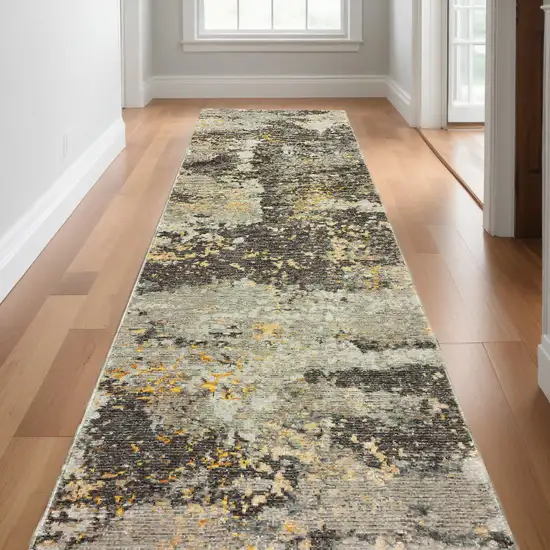 12' Runner Grey and Gold Abstract Power Loom Runner Rug Photo 1