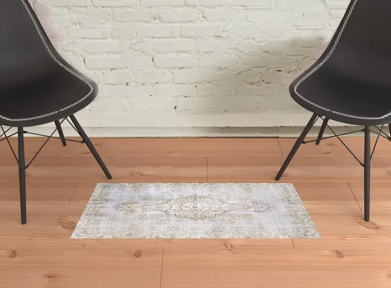 Grey And Gold Oriental Power Loom Stain Resistant Area Rug Photo 2