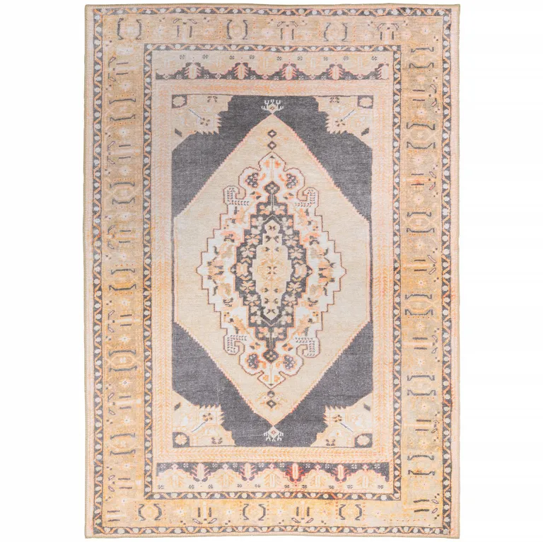 Grey And Gold Oriental Power Loom Stain Resistant Area Rug Photo 1