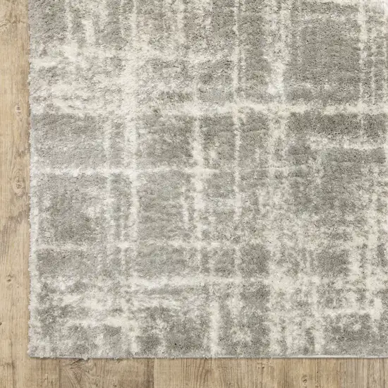 Grey And Ivory Abstract Shag Power Loom Stain Resistant Runner Rug Photo 3