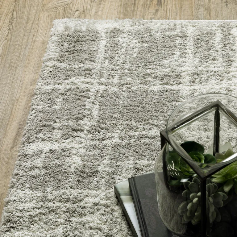 Grey And Ivory Abstract Shag Power Loom Stain Resistant Runner Rug Photo 5