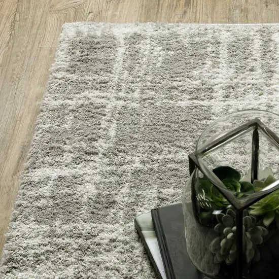 Grey And Ivory Abstract Shag Power Loom Stain Resistant Runner Rug Photo 5