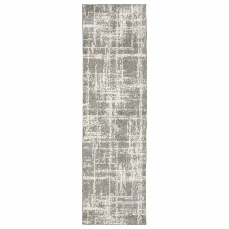 Grey And Ivory Abstract Shag Power Loom Stain Resistant Runner Rug Photo 1