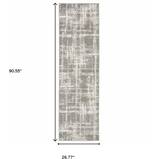 Grey And Ivory Abstract Shag Power Loom Stain Resistant Runner Rug Photo 10