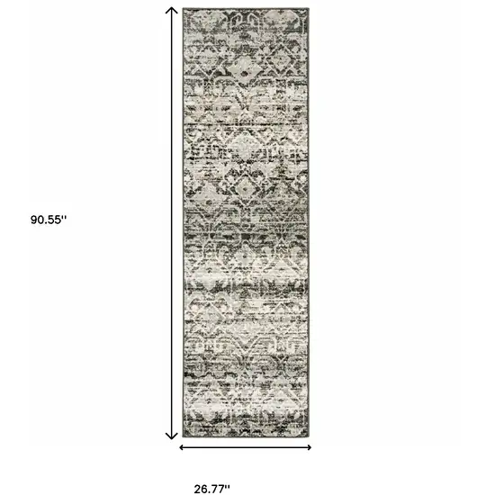 Grey And Ivory Geometric Power Loom Stain Resistant Runner Rug Photo 6