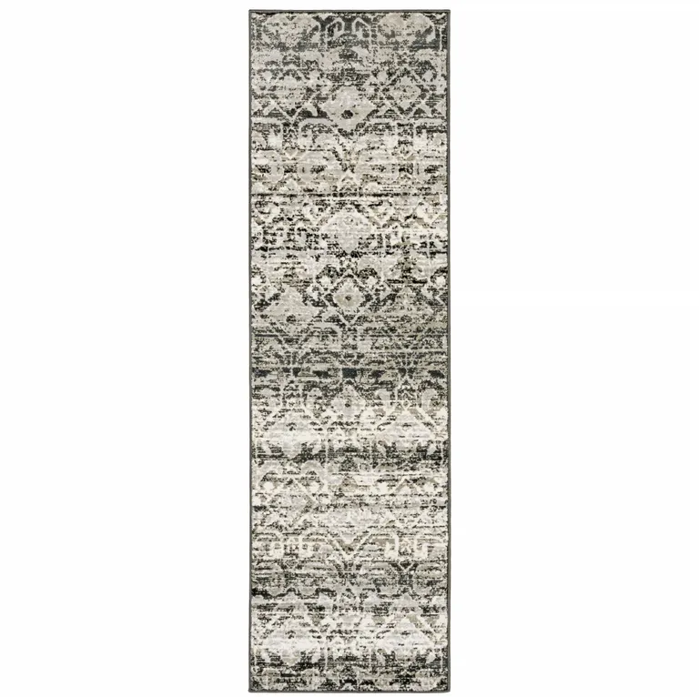 Grey And Ivory Geometric Power Loom Stain Resistant Runner Rug Photo 1