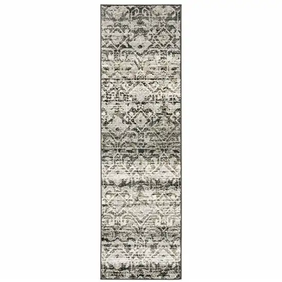 Grey And Ivory Geometric Power Loom Stain Resistant Runner Rug Photo 1