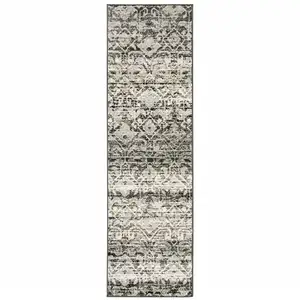 Photo of Grey And Ivory Geometric Power Loom Stain Resistant Runner Rug