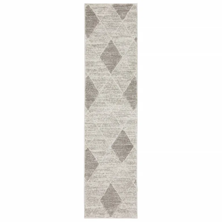 Grey And Ivory Geometric Power Loom Stain Resistant Runner Rug Photo 1