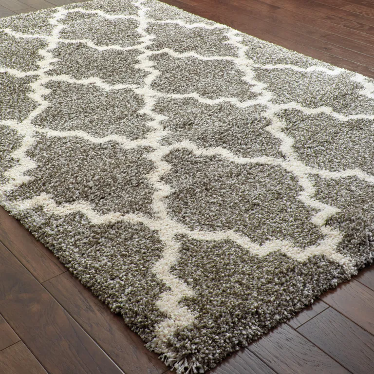 Grey And Ivory Geometric Shag Power Loom Stain Resistant Area Rug Photo 4