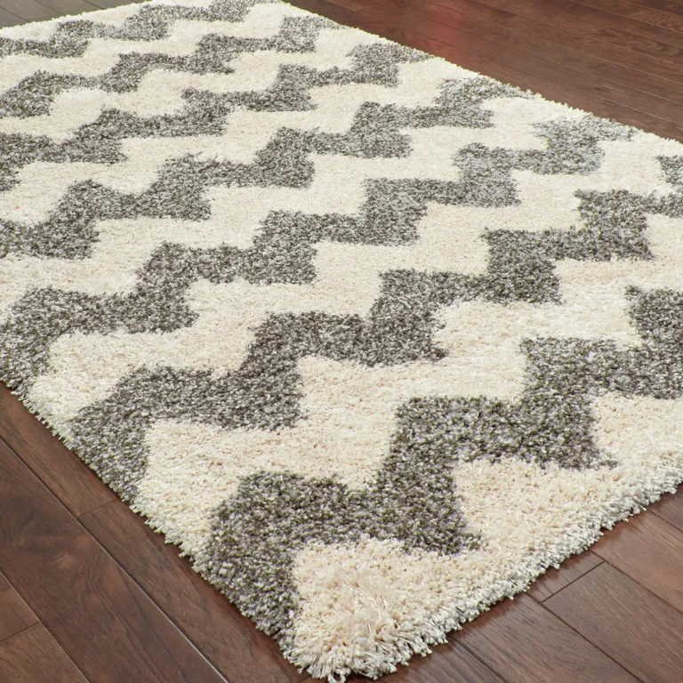 Grey And Ivory Geometric Shag Power Loom Stain Resistant Area Rug Photo 4