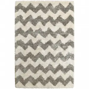 Photo of Grey And Ivory Geometric Shag Power Loom Stain Resistant Area Rug