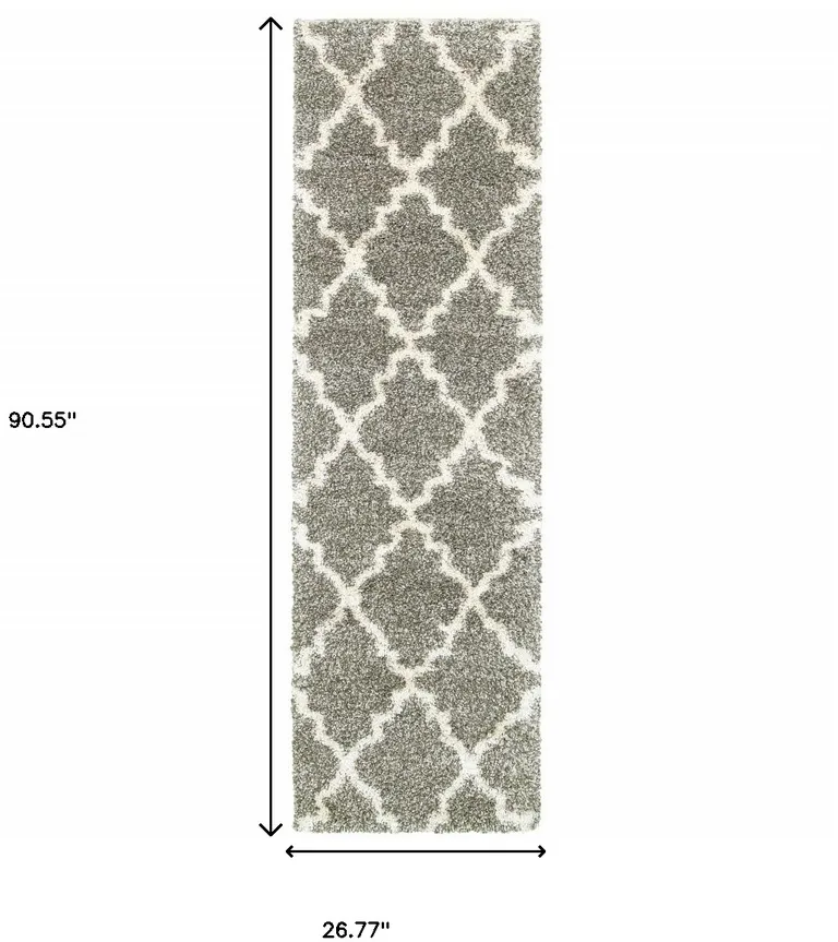 Grey And Ivory Geometric Shag Power Loom Stain Resistant Runner Rug Photo 4