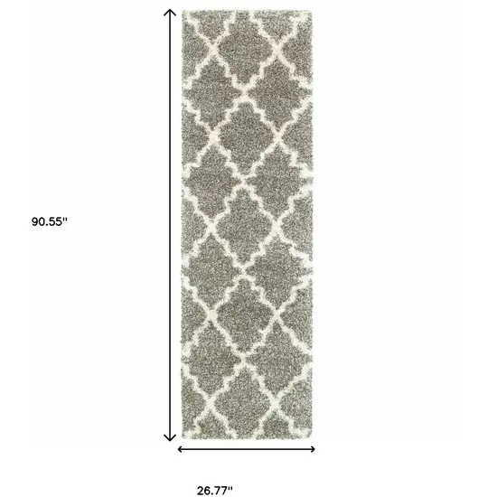 Grey And Ivory Geometric Shag Power Loom Stain Resistant Runner Rug Photo 4