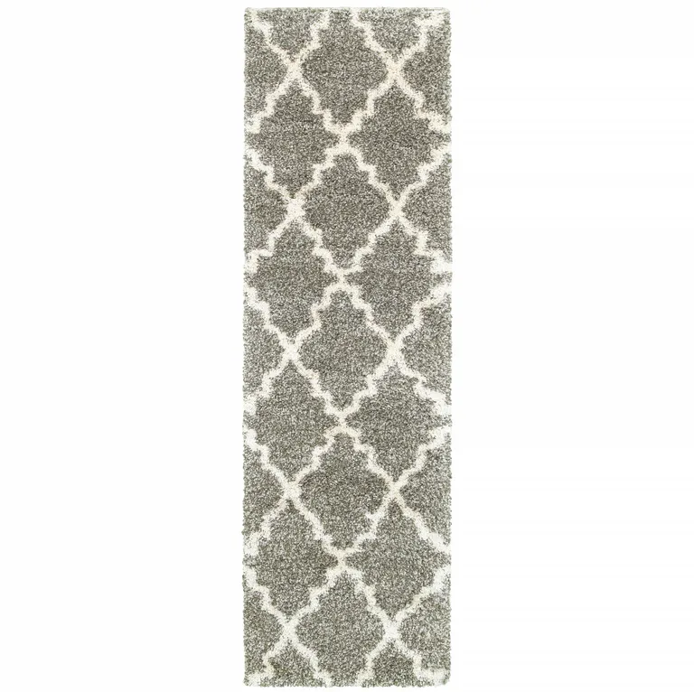 Grey And Ivory Geometric Shag Power Loom Stain Resistant Runner Rug Photo 1