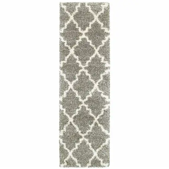 Grey And Ivory Geometric Shag Power Loom Stain Resistant Runner Rug Photo 1