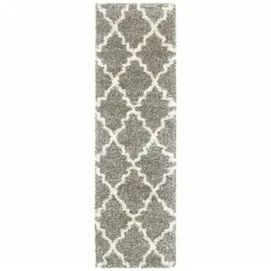 Photo of Grey And Ivory Geometric Shag Power Loom Stain Resistant Runner Rug