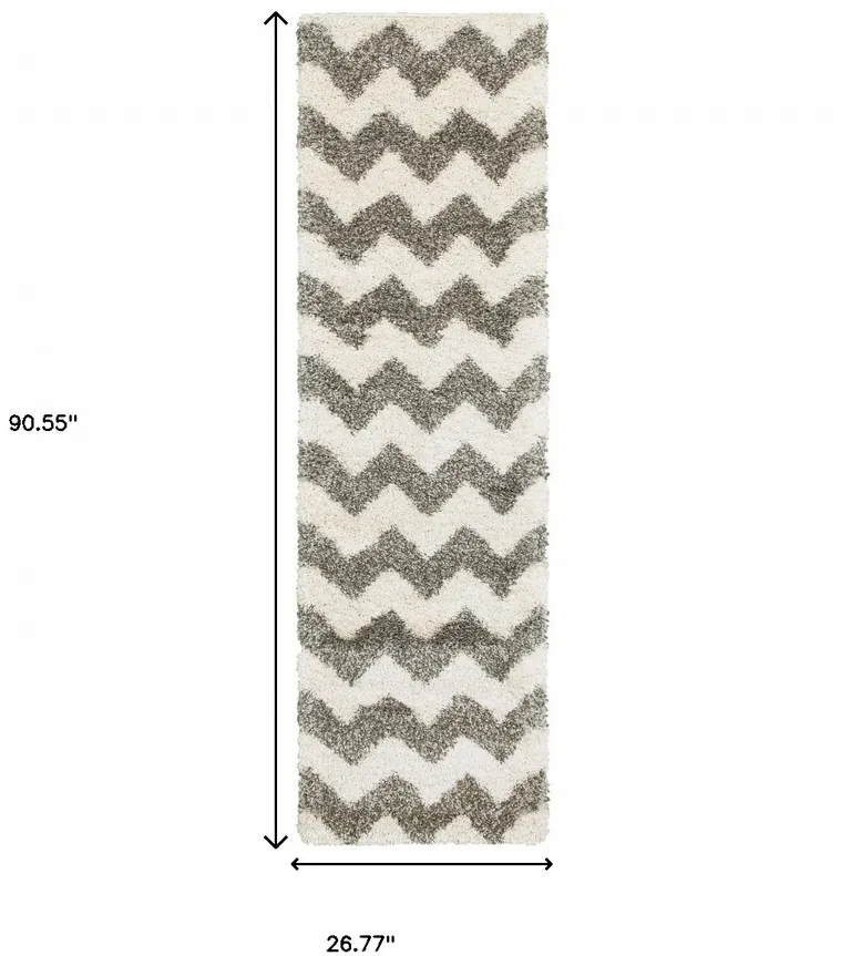 Grey And Ivory Geometric Shag Power Loom Stain Resistant Runner Rug Photo 4