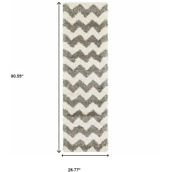 Grey And Ivory Geometric Shag Power Loom Stain Resistant Runner Rug Photo 4