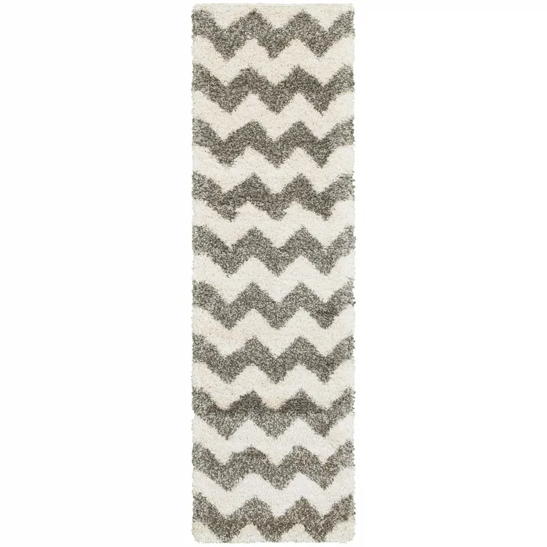 Grey And Ivory Geometric Shag Power Loom Stain Resistant Runner Rug Photo 1