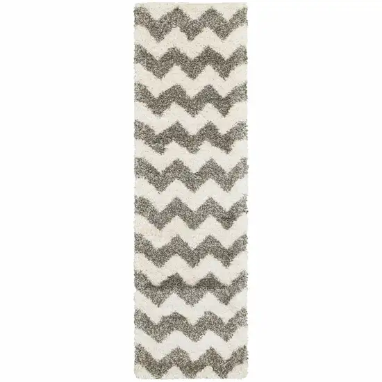 Grey And Ivory Geometric Shag Power Loom Stain Resistant Runner Rug Photo 1