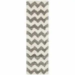 Photo of Grey And Ivory Geometric Shag Power Loom Stain Resistant Runner Rug