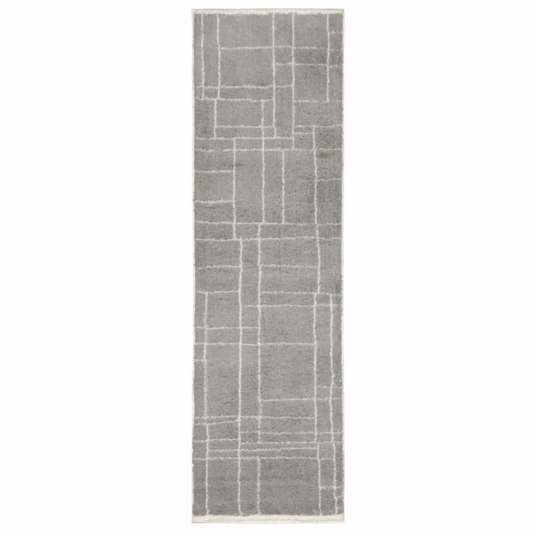 Grey And Ivory Geometric Shag Power Loom Stain Resistant Runner Rug Photo 1