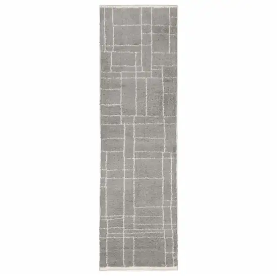 Grey And Ivory Geometric Shag Power Loom Stain Resistant Runner Rug Photo 1