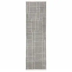 Photo of Grey And Ivory Geometric Shag Power Loom Stain Resistant Runner Rug