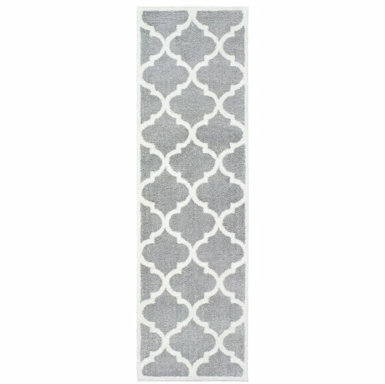 Grey And Ivory Geometric Shag Power Loom Stain Resistant Runner Rug Photo 1