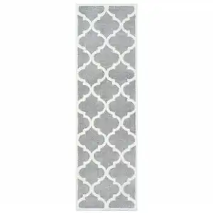 Photo of Grey And Ivory Geometric Shag Power Loom Stain Resistant Runner Rug