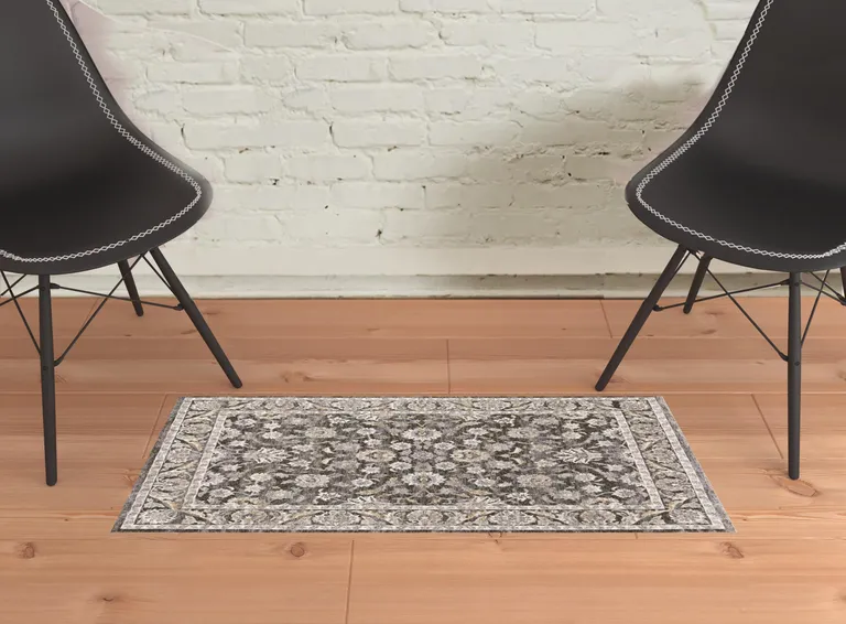 Grey And Ivory Oriental Power Loom Stain Resistant Area Rug With Fringe Photo 3