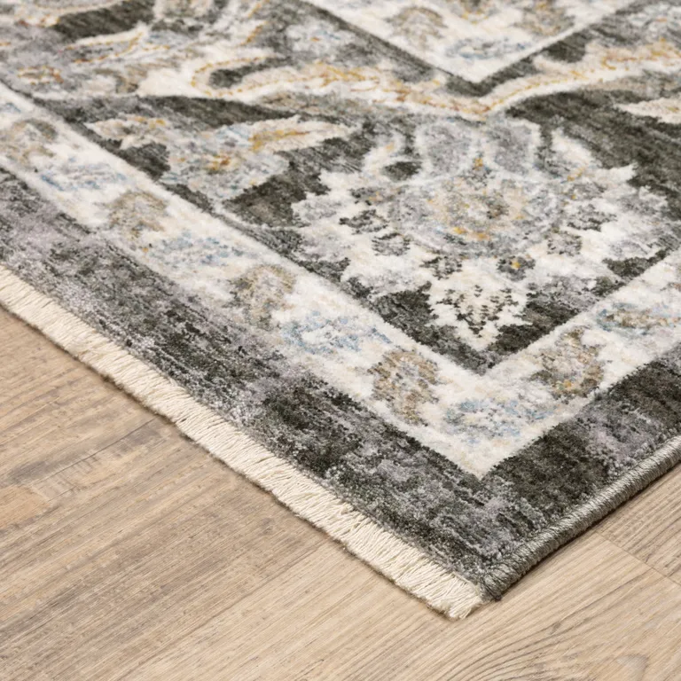 Grey And Ivory Oriental Power Loom Stain Resistant Area Rug With Fringe Photo 5