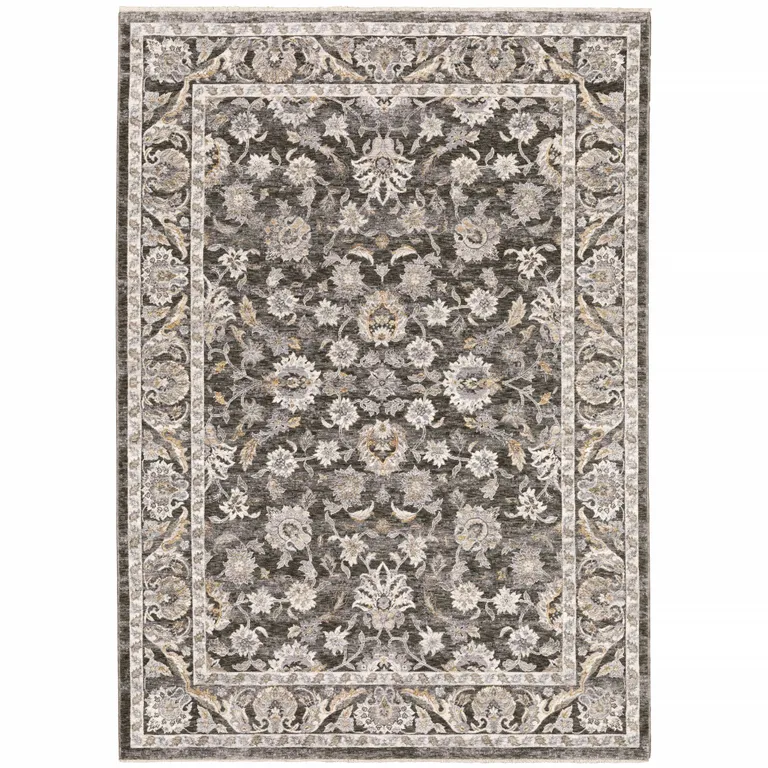 Grey And Ivory Oriental Power Loom Stain Resistant Area Rug With Fringe Photo 2