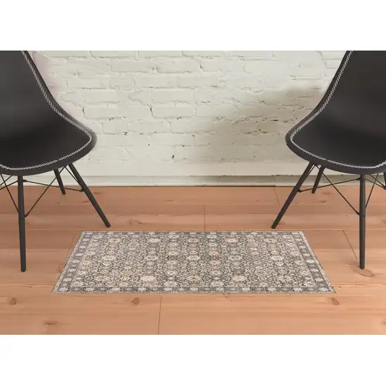 Grey And Ivory Oriental Power Loom Stain Resistant Area Rug With Fringe Photo 3