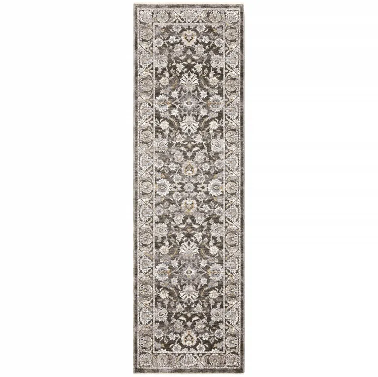 Grey And Ivory Oriental Power Loom Stain Resistant Runner Rug With Fringe Photo 1