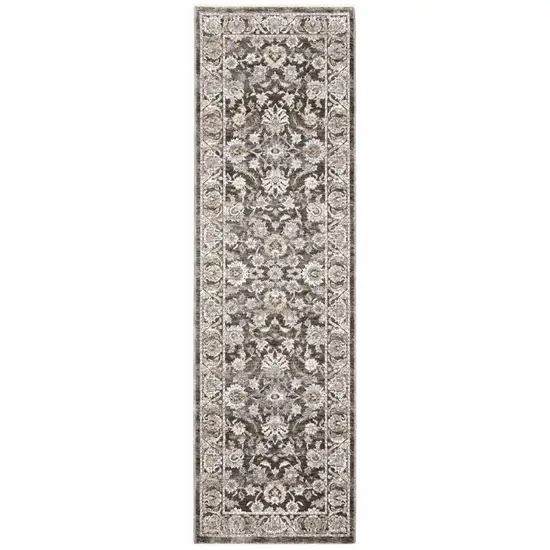 Grey And Ivory Oriental Power Loom Stain Resistant Runner Rug With Fringe Photo 1