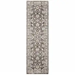 Photo of Grey And Ivory Oriental Power Loom Stain Resistant Runner Rug With Fringe