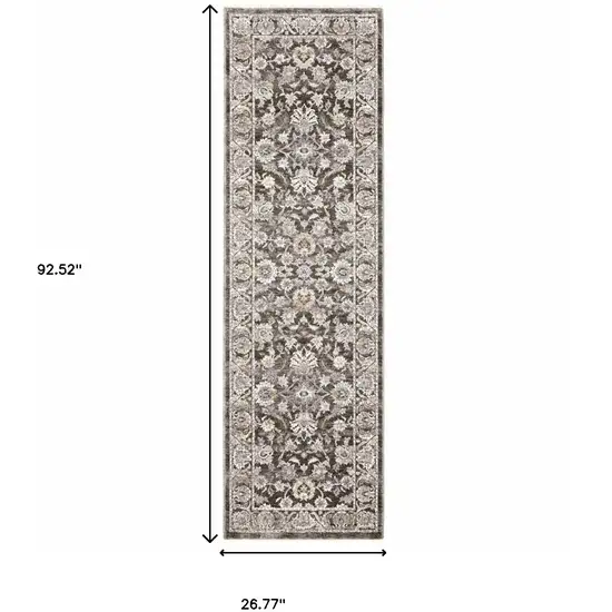 Grey And Ivory Oriental Power Loom Stain Resistant Runner Rug With Fringe Photo 10