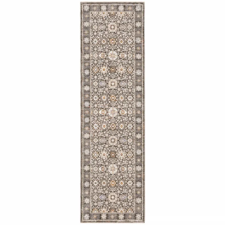 Grey And Ivory Oriental Power Loom Stain Resistant Runner Rug With Fringe Photo 1