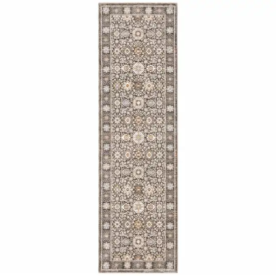 Grey And Ivory Oriental Power Loom Stain Resistant Runner Rug With Fringe Photo 1